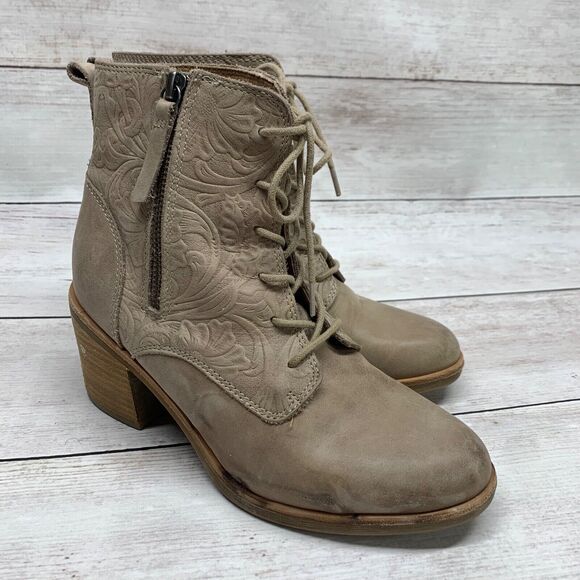 Sofft Brown Leather Flower Stamped Zip Ankle Heel Boot Shoes Womens US 7 M - Picture 1 of 13